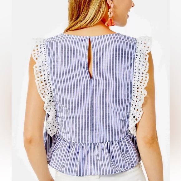 LILLY PULITZER Ellis Peplum Blue Stripe Eyelet Ruffle Sleeveless Top Blo… - Picture 7 of 13